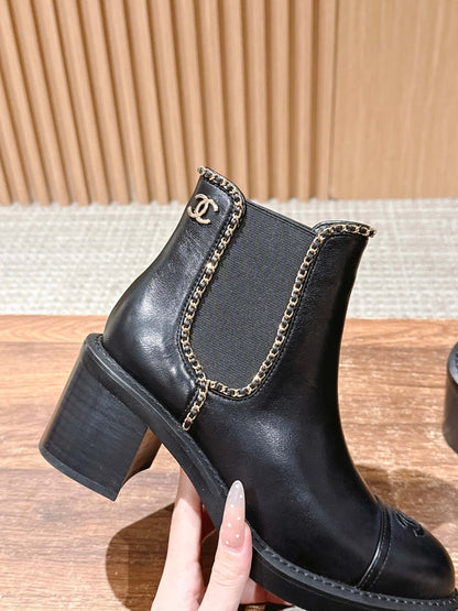 Chanel New Panelled-Chain Block-Heel Ankle Boots, Black