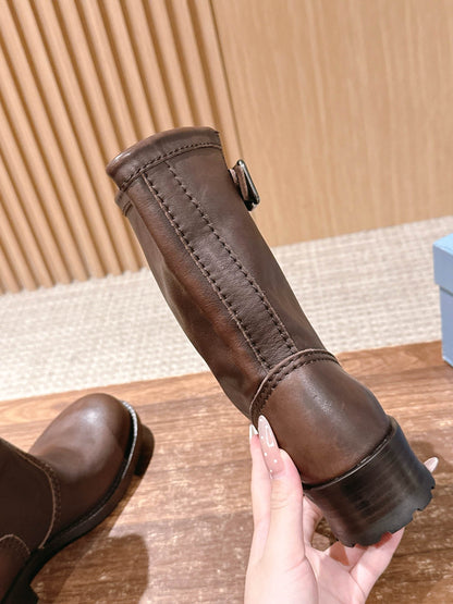 Prada Fall/Winter New Block-Heel Knight Boots, Brown