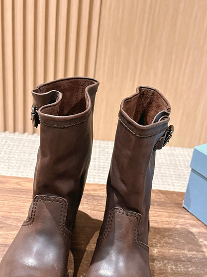 Prada Fall/Winter New Block-Heel Knight Boots, Brown
