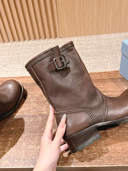 Prada Fall/Winter New Block-Heel Knight Boots, Brown
