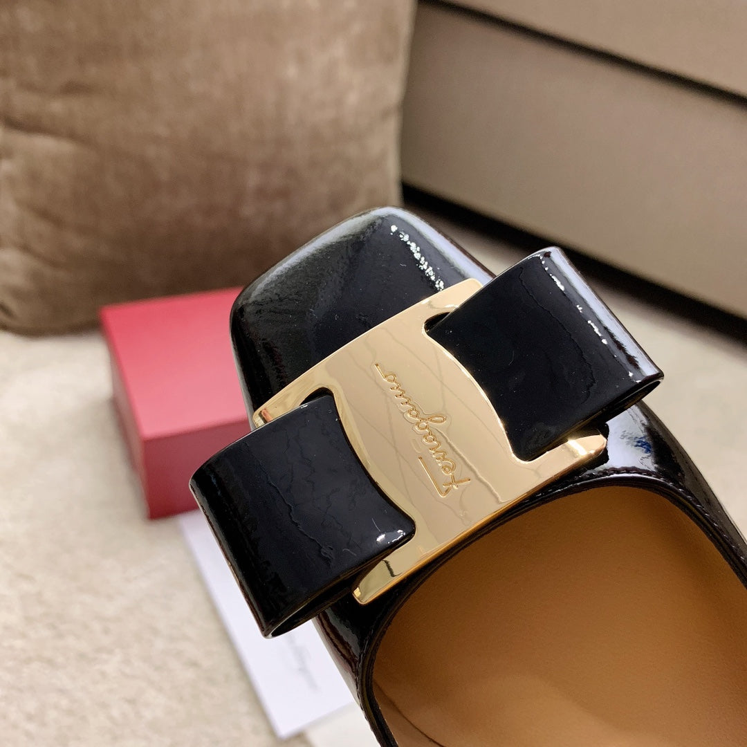 Ferragamo Fila-Square-Toe Best-Seller Bow Flats, Black