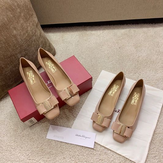 Ferragamo Fila-Square-Toe Best-Seller Bow Flats, Beige