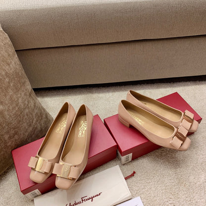 Ferragamo Fila-Square-Toe Best-Seller Bow Flats, Beige