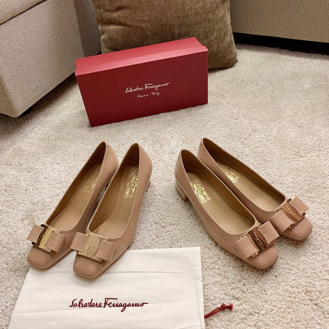 Ferragamo Fila-Square-Toe Best-Seller Bow Flats, Beige