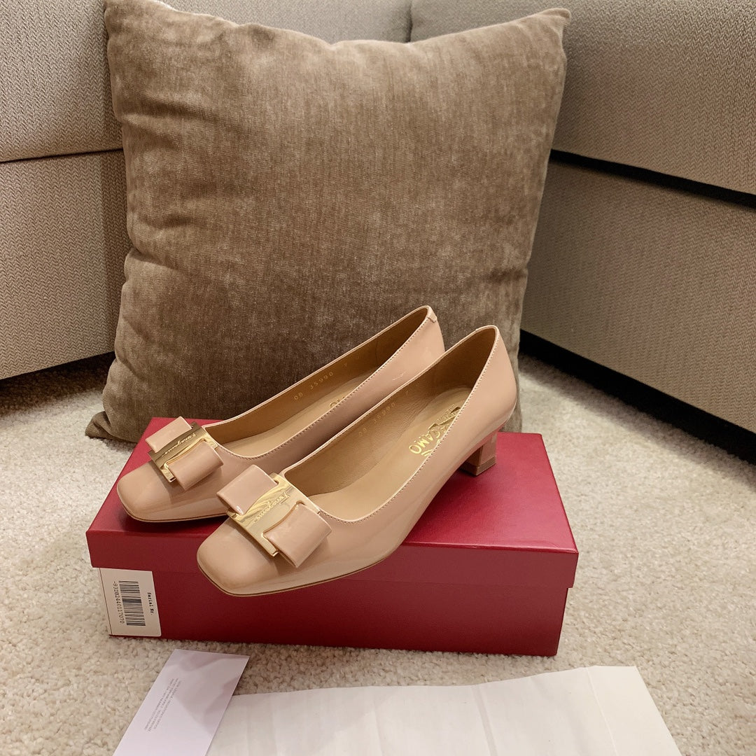 Ferragamo Fila-Square-Toe Best-Seller Bow Flats, Beige