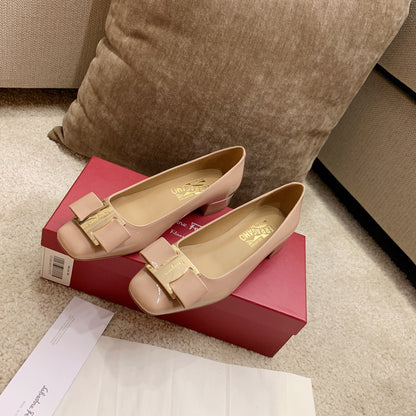 Ferragamo Fila-Square-Toe Best-Seller Bow Flats, Beige