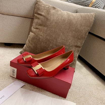 Ferragamo Fila-Square-Toe Best-Seller Bow Flats, Red