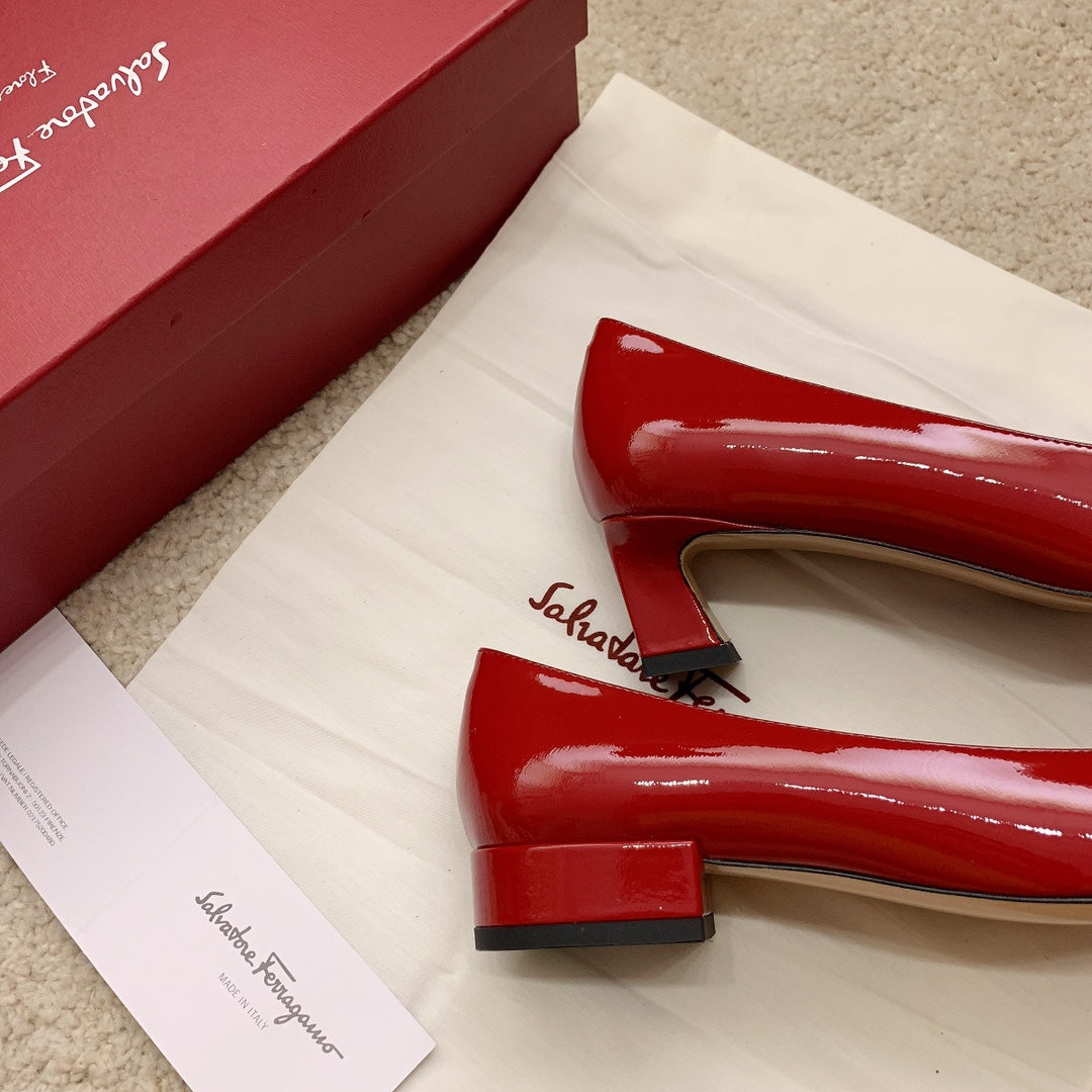 Ferragamo Fila-Square-Toe Best-Seller Bow Flats, Red