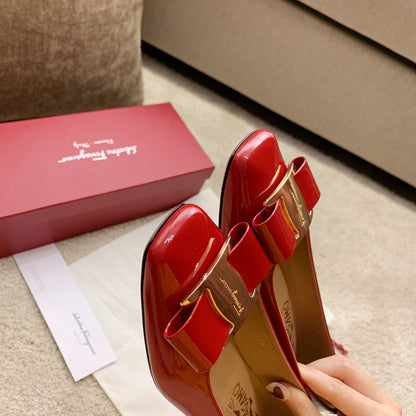 Ferragamo Fila-Square-Toe Best-Seller Bow Flats, Red