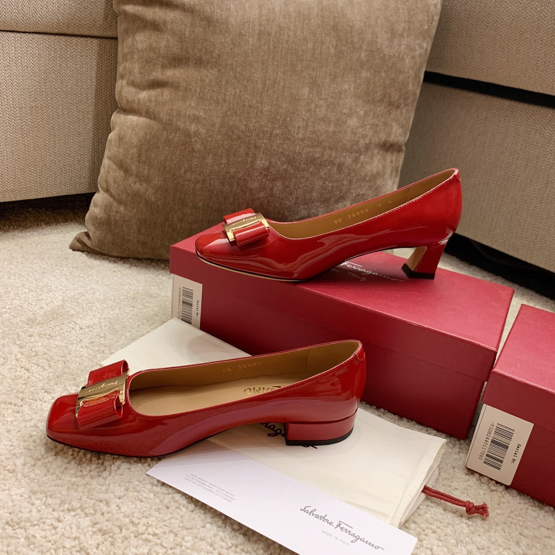 Ferragamo Fila-Square-Toe Best-Seller Bow Flats, Red