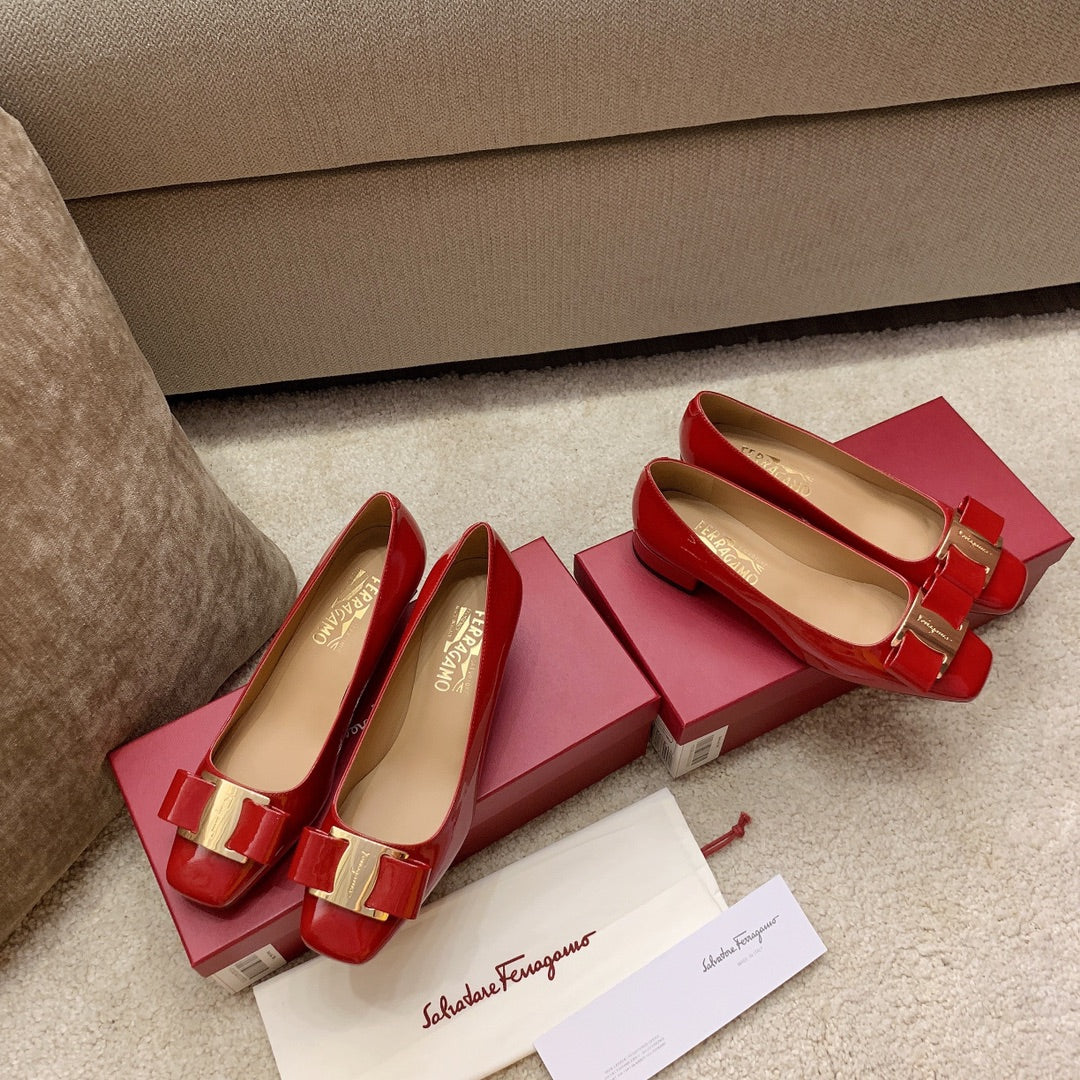 Ferragamo Fila-Square-Toe Best-Seller Bow Flats, Red