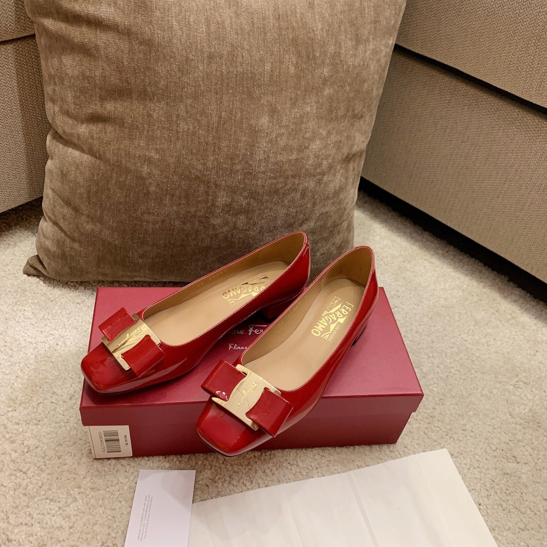 Ferragamo Fila-Square-Toe Best-Seller Bow Flats, Red