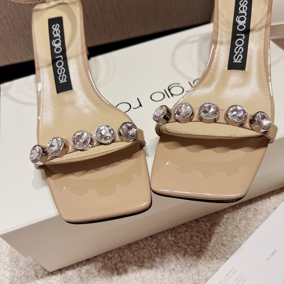 Sergio Rossi Single-Strap Crystal-Wrap Slingbacks, Beige