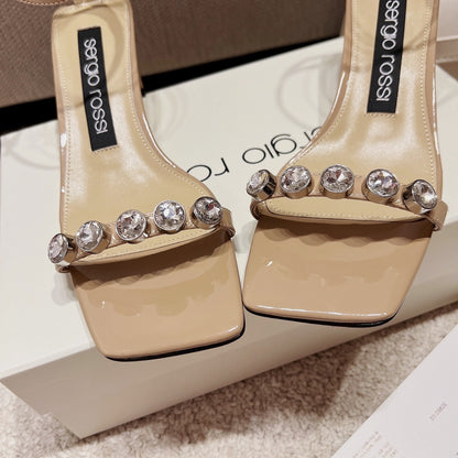 Sergio Rossi Single-Strap Crystal-Wrap Slingbacks, Beige