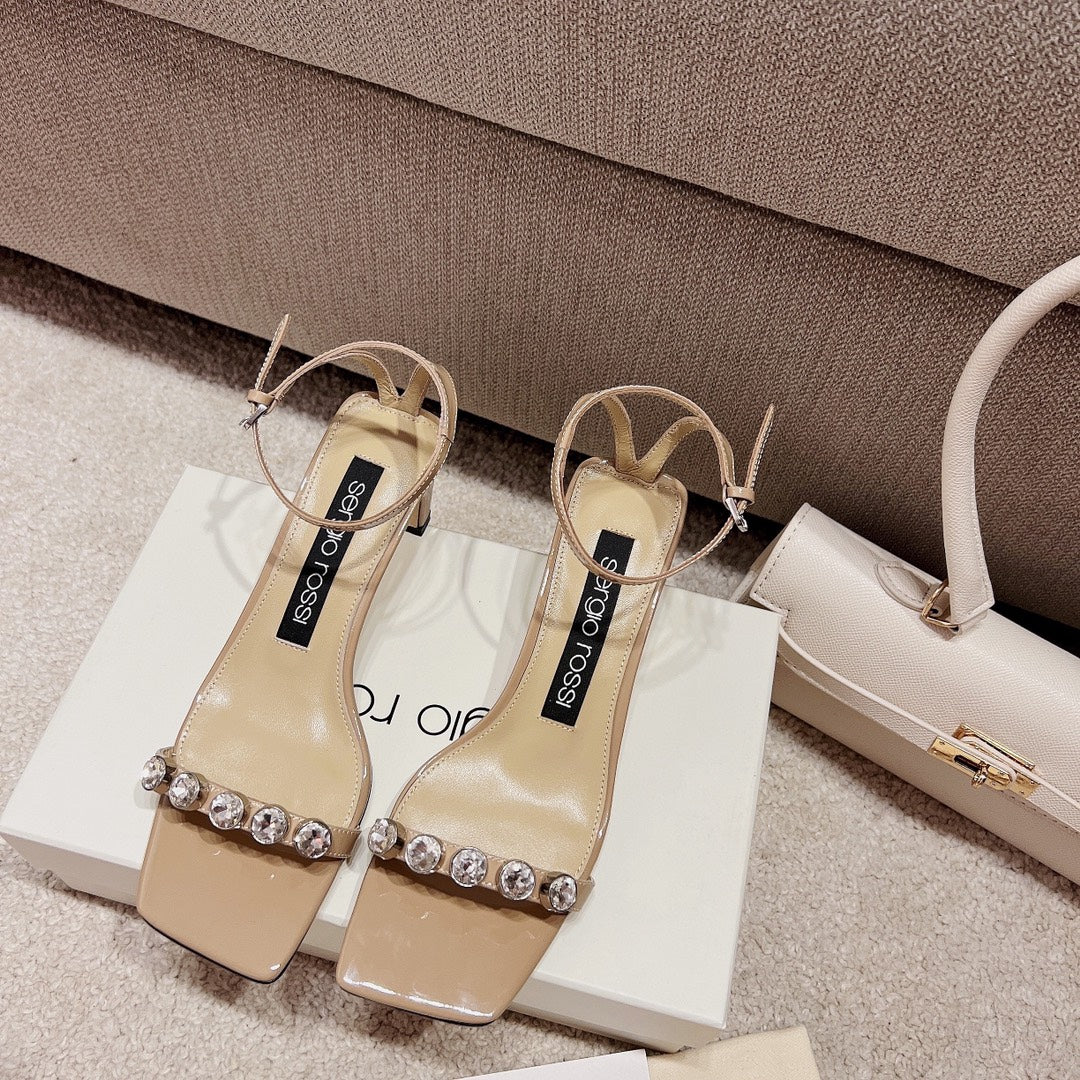 Sergio Rossi Single-Strap Crystal-Wrap Slingbacks, Beige