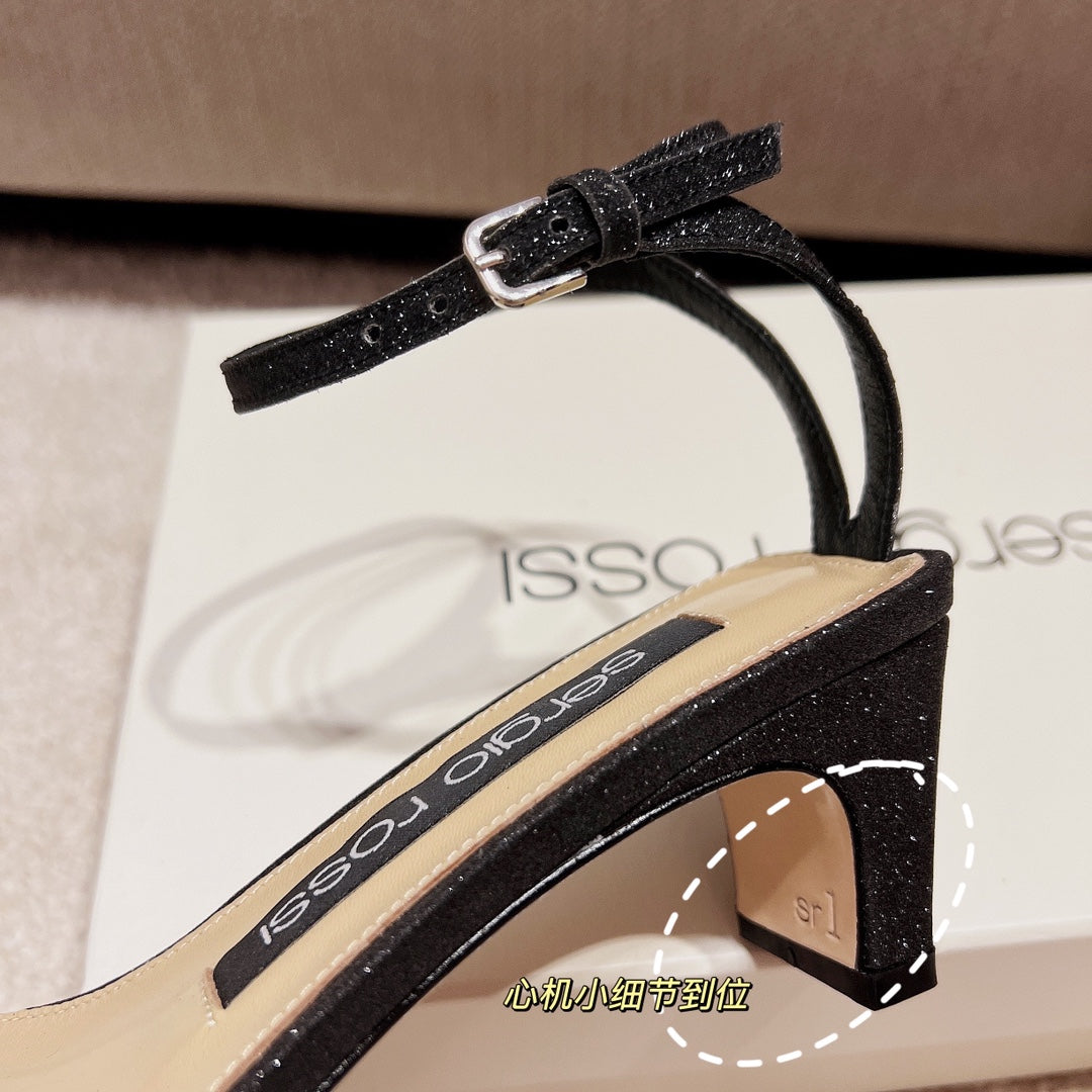 Sergio Rossi Single-Strap Crystal-Wrap Slingbacks, Black