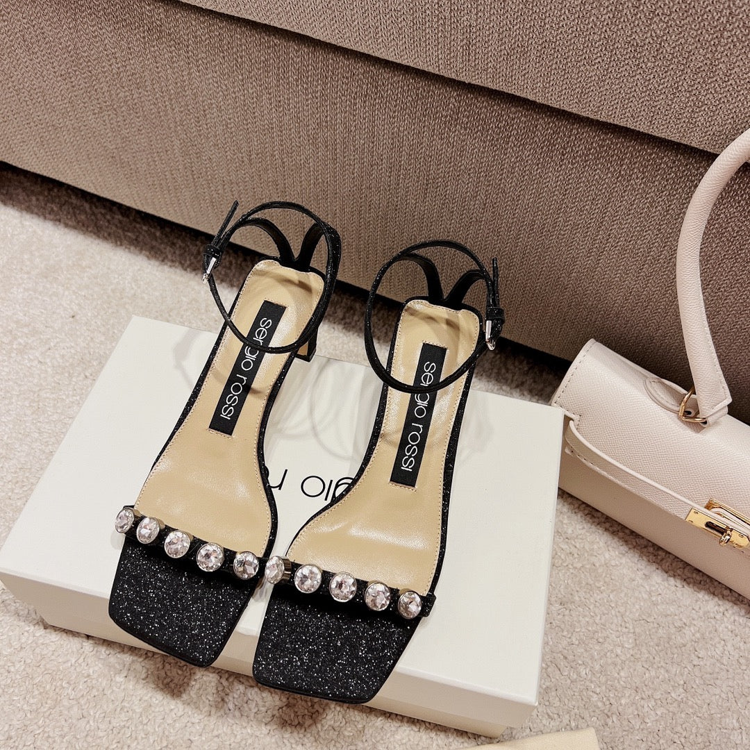 Sergio Rossi Single-Strap Crystal-Wrap Slingbacks, Black