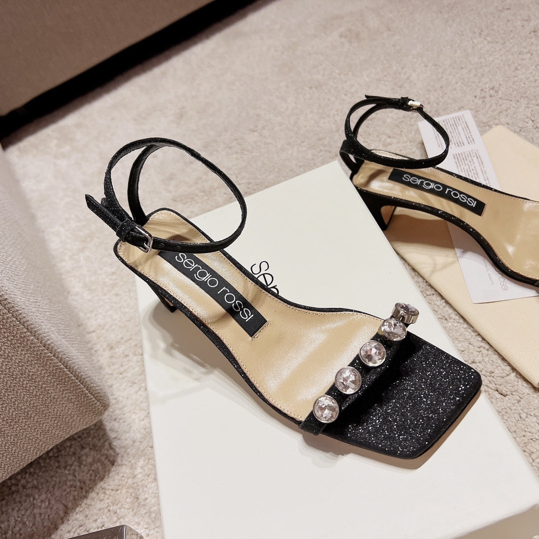 Sergio Rossi Single-Strap Crystal-Wrap Slingbacks, Black