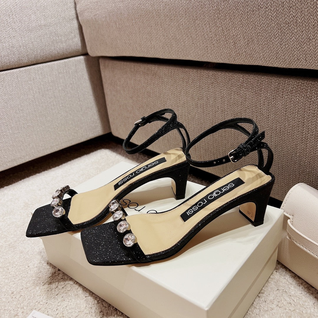 Sergio Rossi Single-Strap Crystal-Wrap Slingbacks, Black