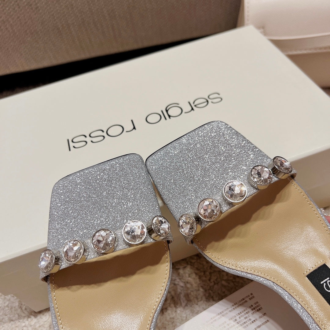 Sergio Rossi Single-Strap Crystal-Wrap Slingbacks, Grey