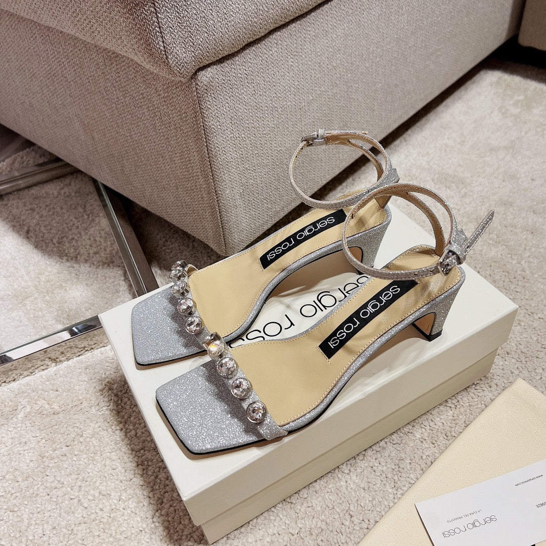 Sergio Rossi Single-Strap Crystal-Wrap Slingbacks, Grey