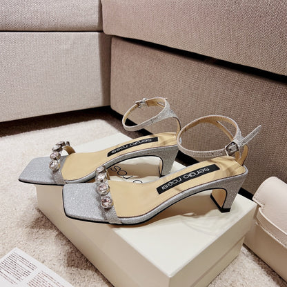 Sergio Rossi Single-Strap Crystal-Wrap Slingbacks, Grey