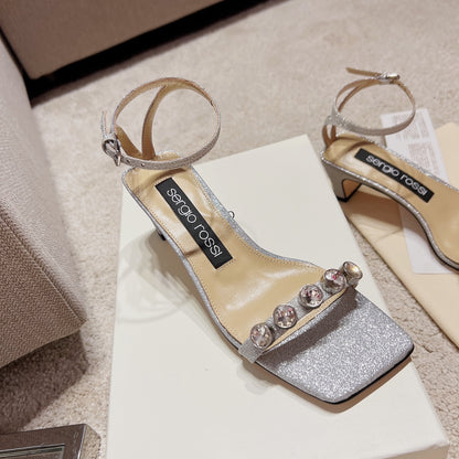 Sergio Rossi Single-Strap Crystal-Wrap Slingbacks, Grey