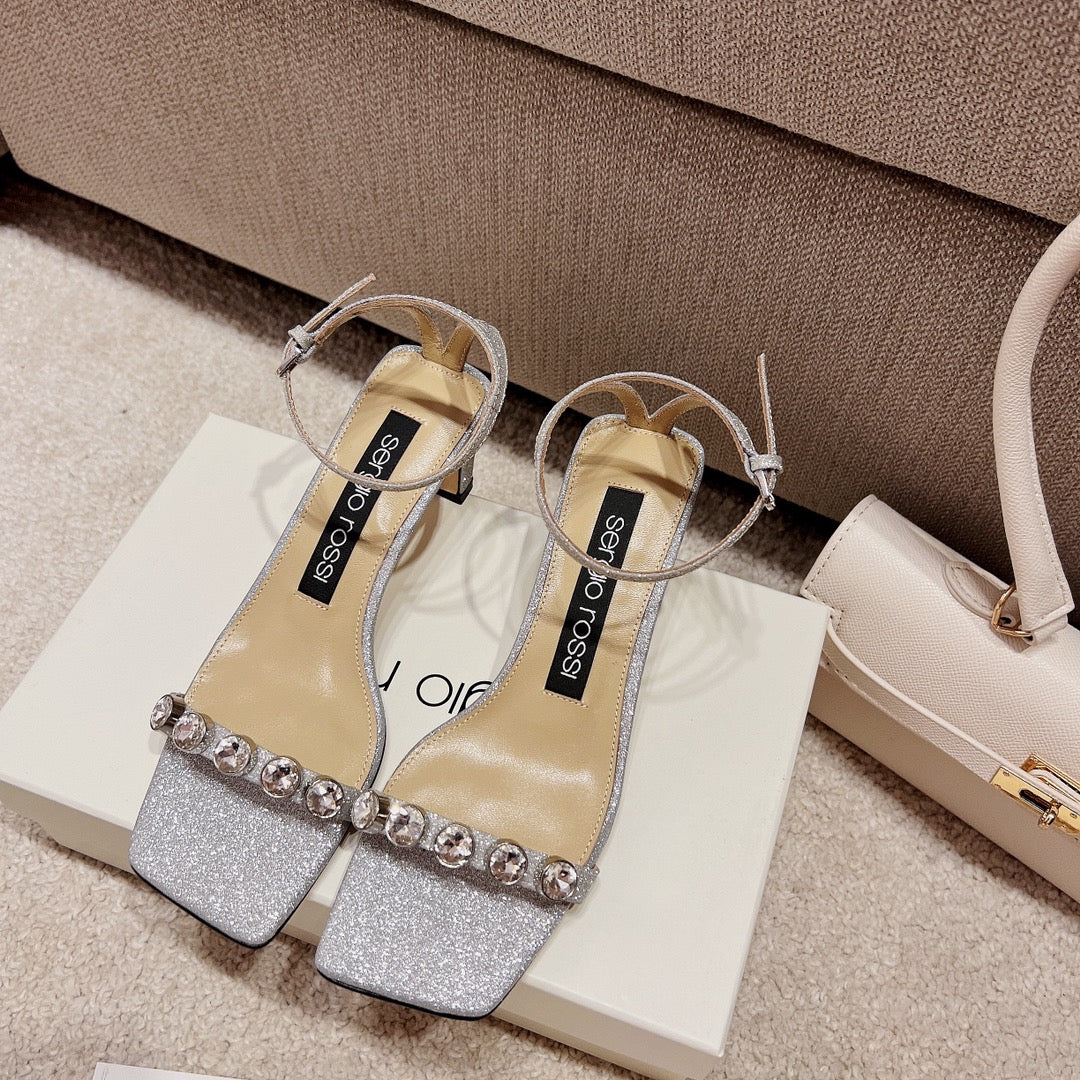 Sergio Rossi Single-Strap Crystal-Wrap Slingbacks, Grey