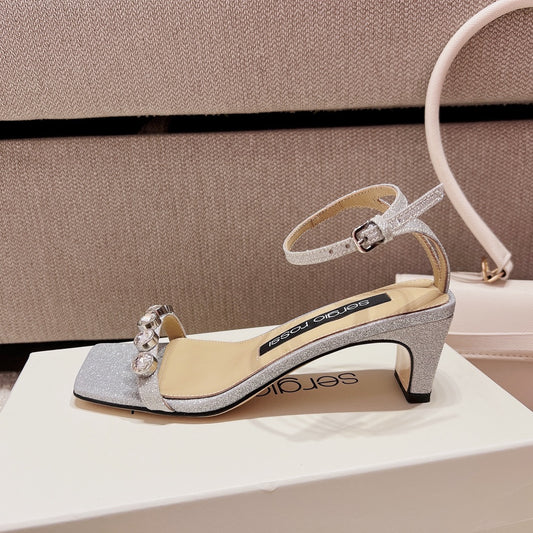 Sergio Rossi Single-Strap Crystal-Wrap Slingbacks, Grey