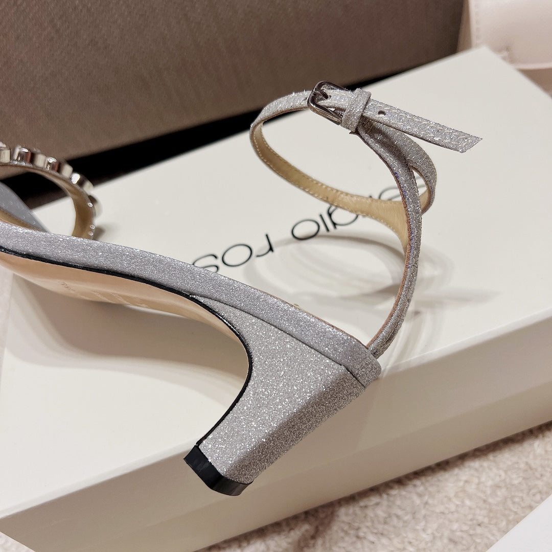 Sergio Rossi Single-Strap Crystal-Wrap Slingbacks, Grey