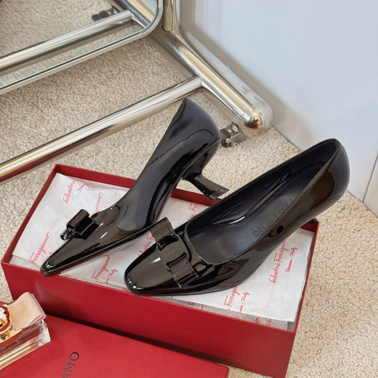 Ferragamo Bow-Detail Kitten-Heel Pumps, Black