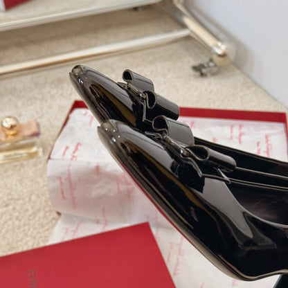 Ferragamo Bow-Detail Kitten-Heel Pumps, Black