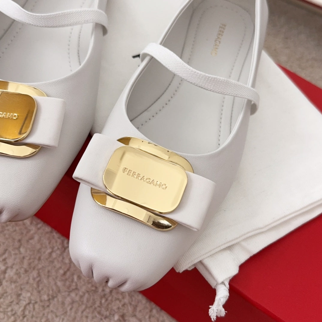Ferragamo Bow-Tie Ballet Flats, White