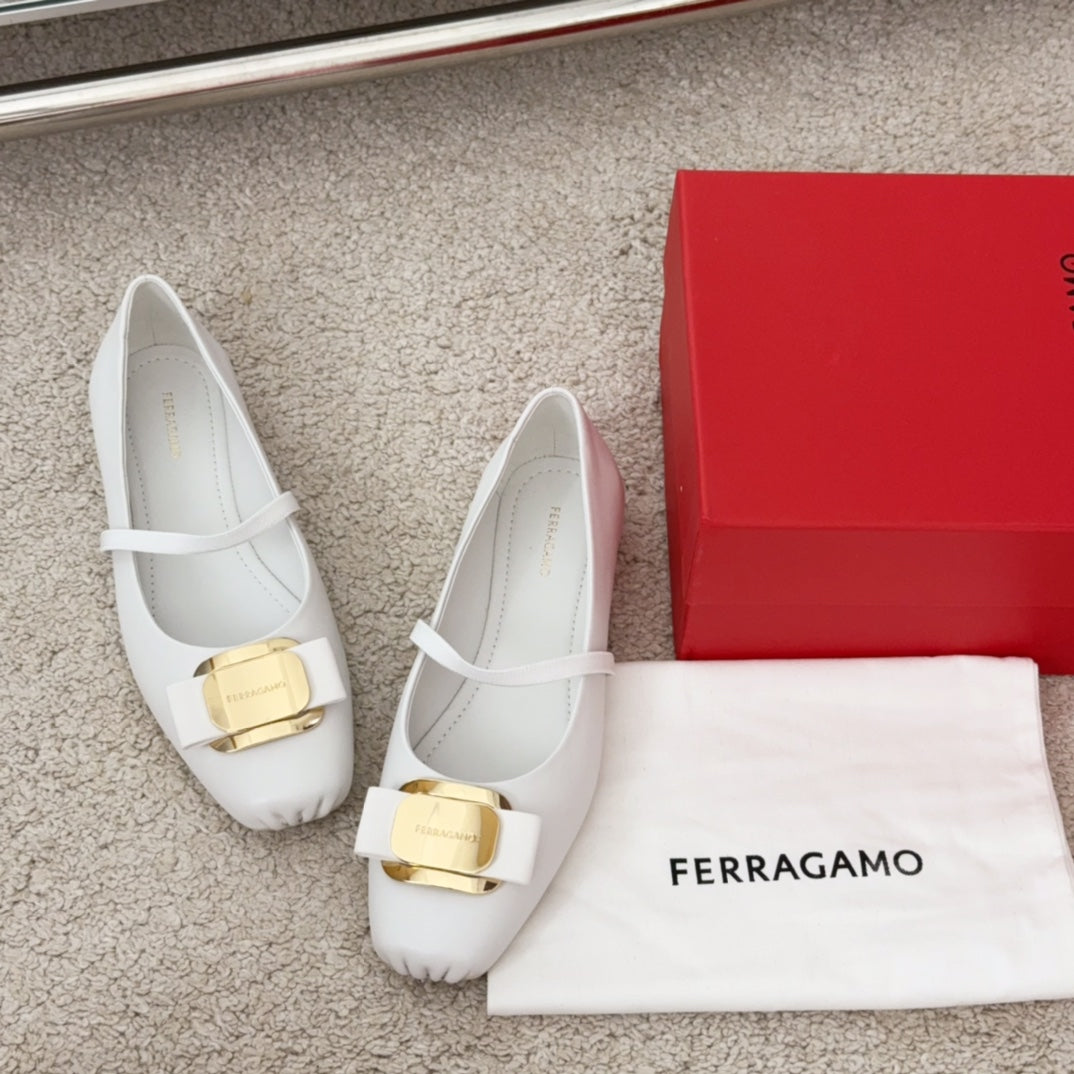 Ferragamo Bow-Tie Ballet Flats, White