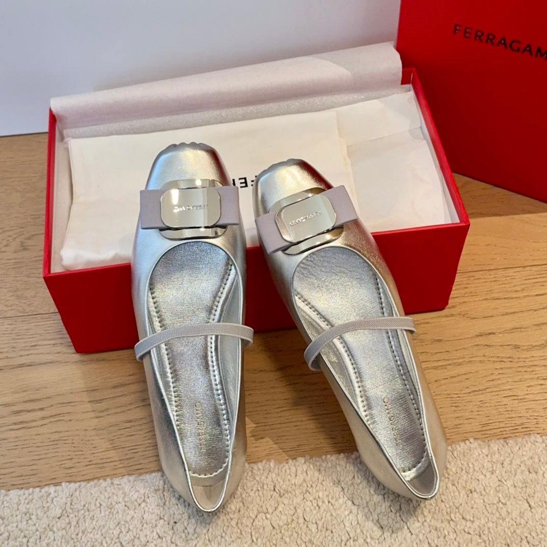 Ferragamo Bow-Tie Ballet Flats, Silver