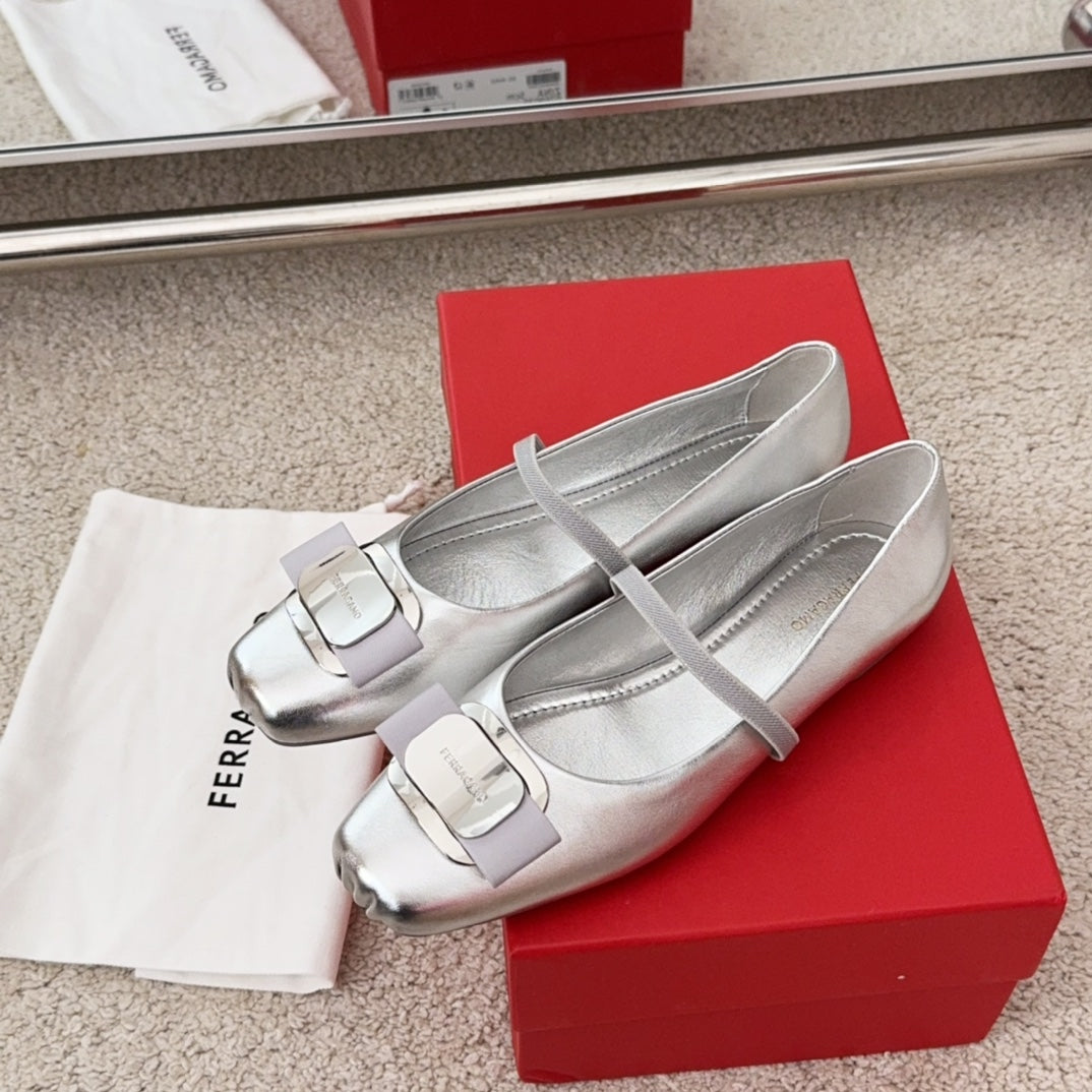 Ferragamo Bow-Tie Ballet Flats, Silver