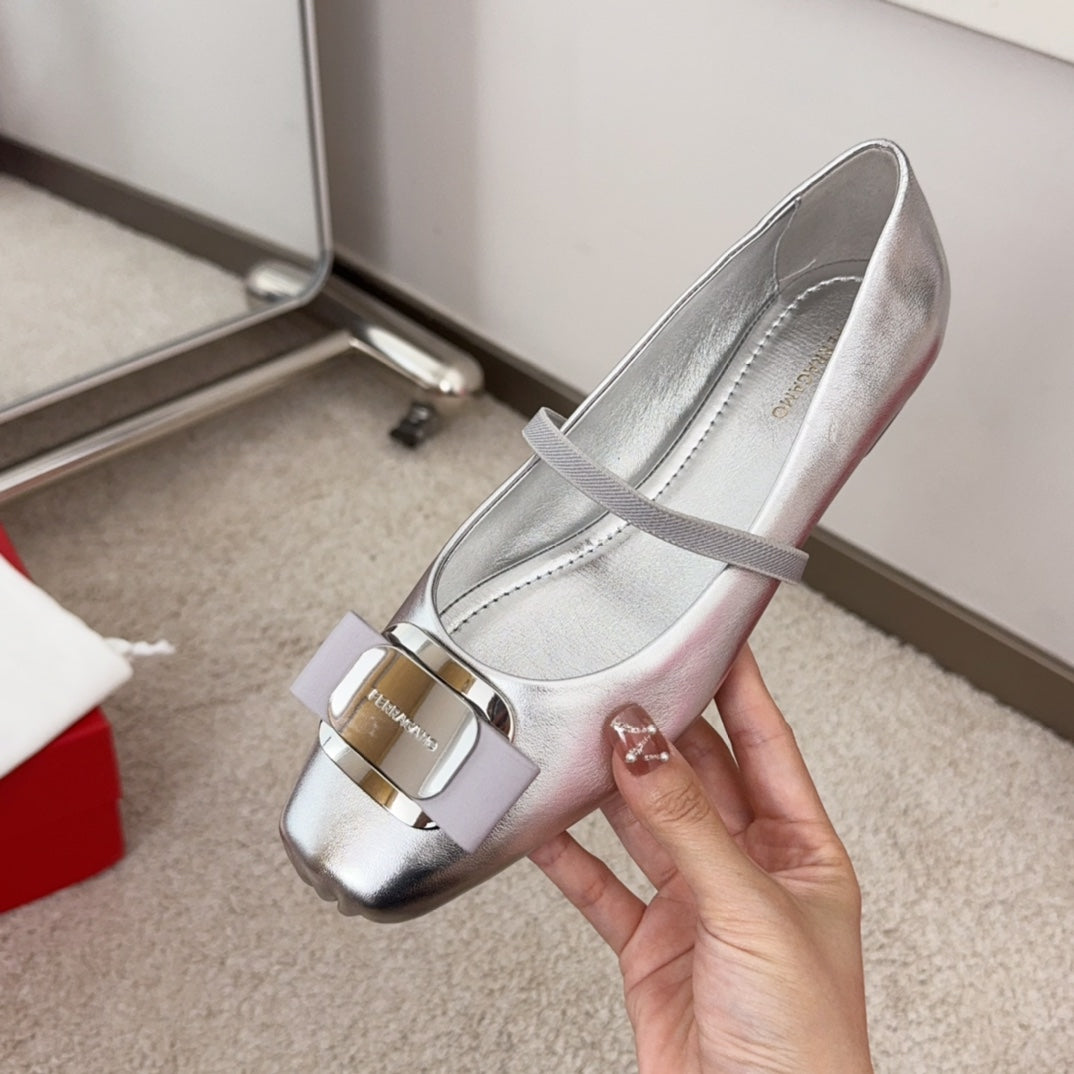Ferragamo Bow-Tie Ballet Flats, Silver