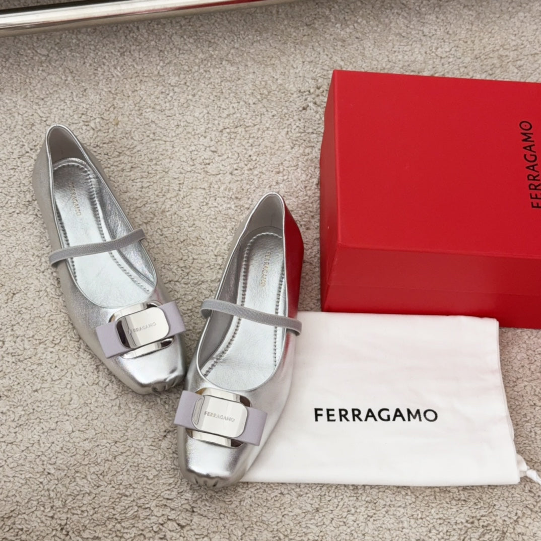Ferragamo Bow-Tie Ballet Flats, Silver