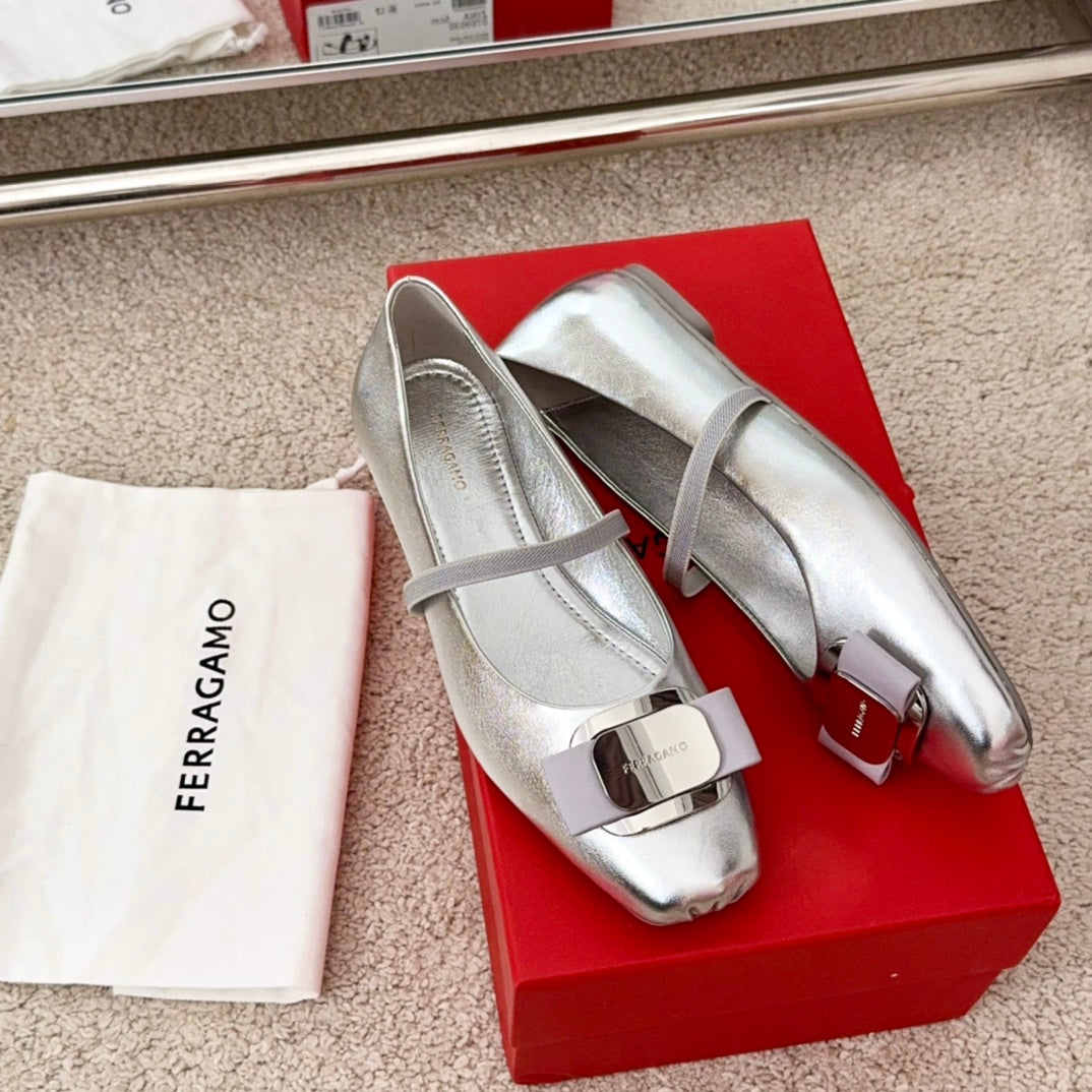 Ferragamo Bow-Tie Ballet Flats, Silver