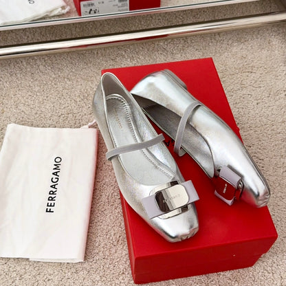 Ferragamo Bow-Tie Ballet Flats, Silver