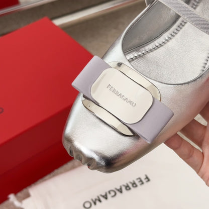 Ferragamo Bow-Tie Ballet Flats, Silver