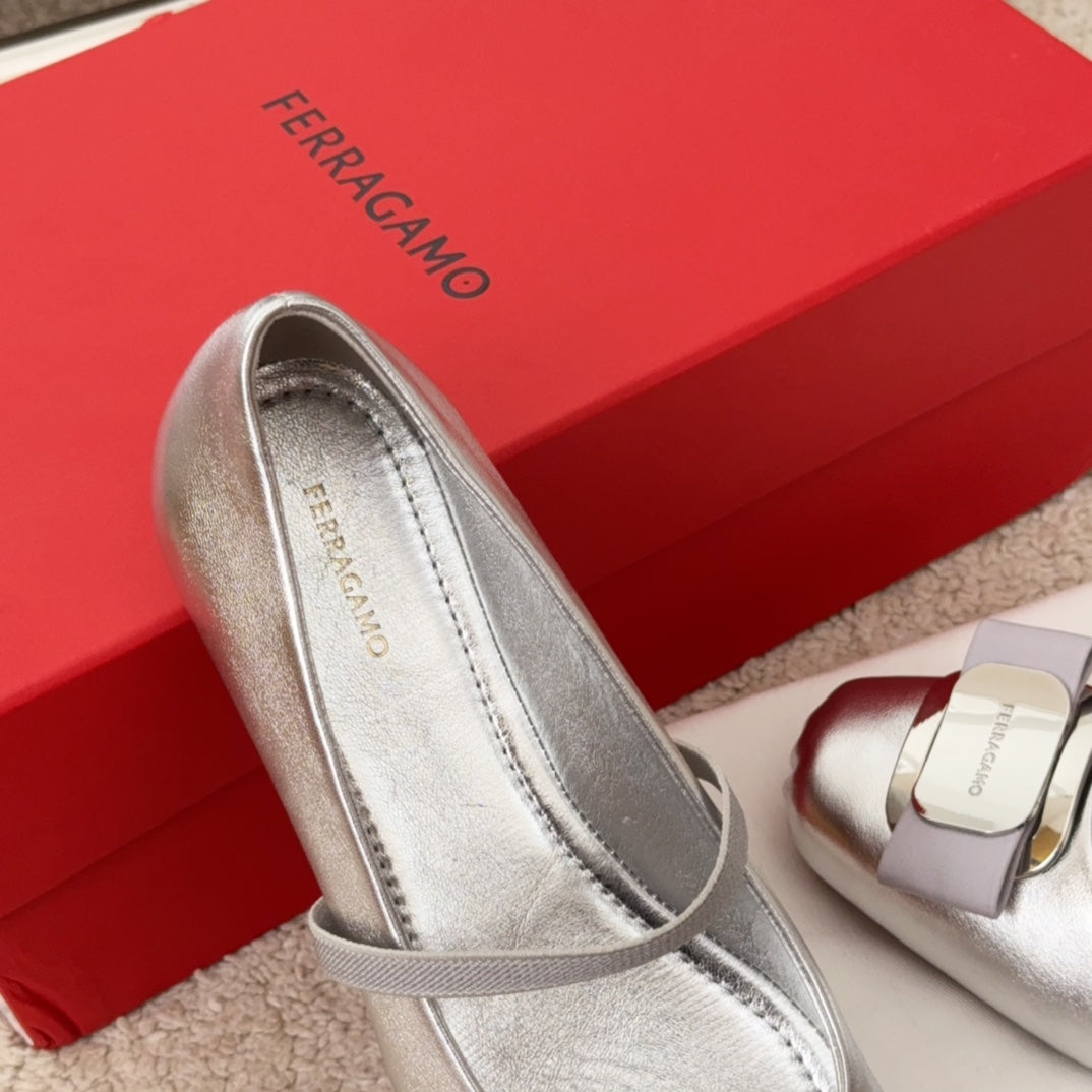 Ferragamo Bow-Tie Ballet Flats, Silver