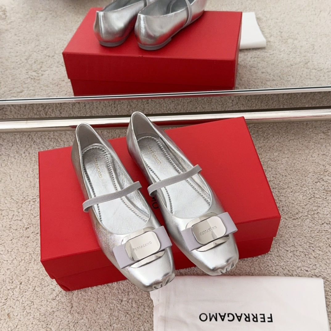 Ferragamo Bow-Tie Ballet Flats, Silver