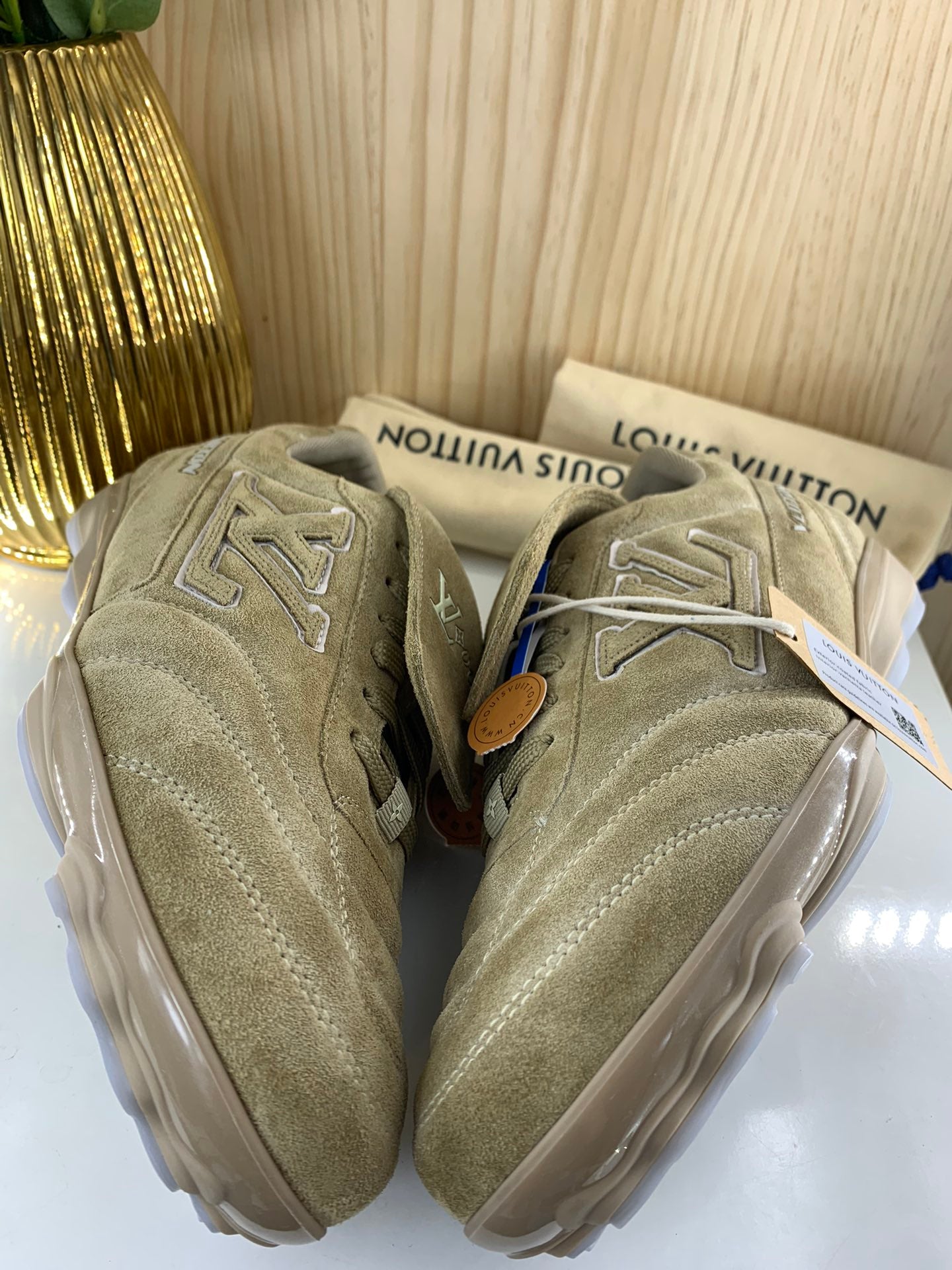 LV Footprint Soccer Sneaker, Green Suede