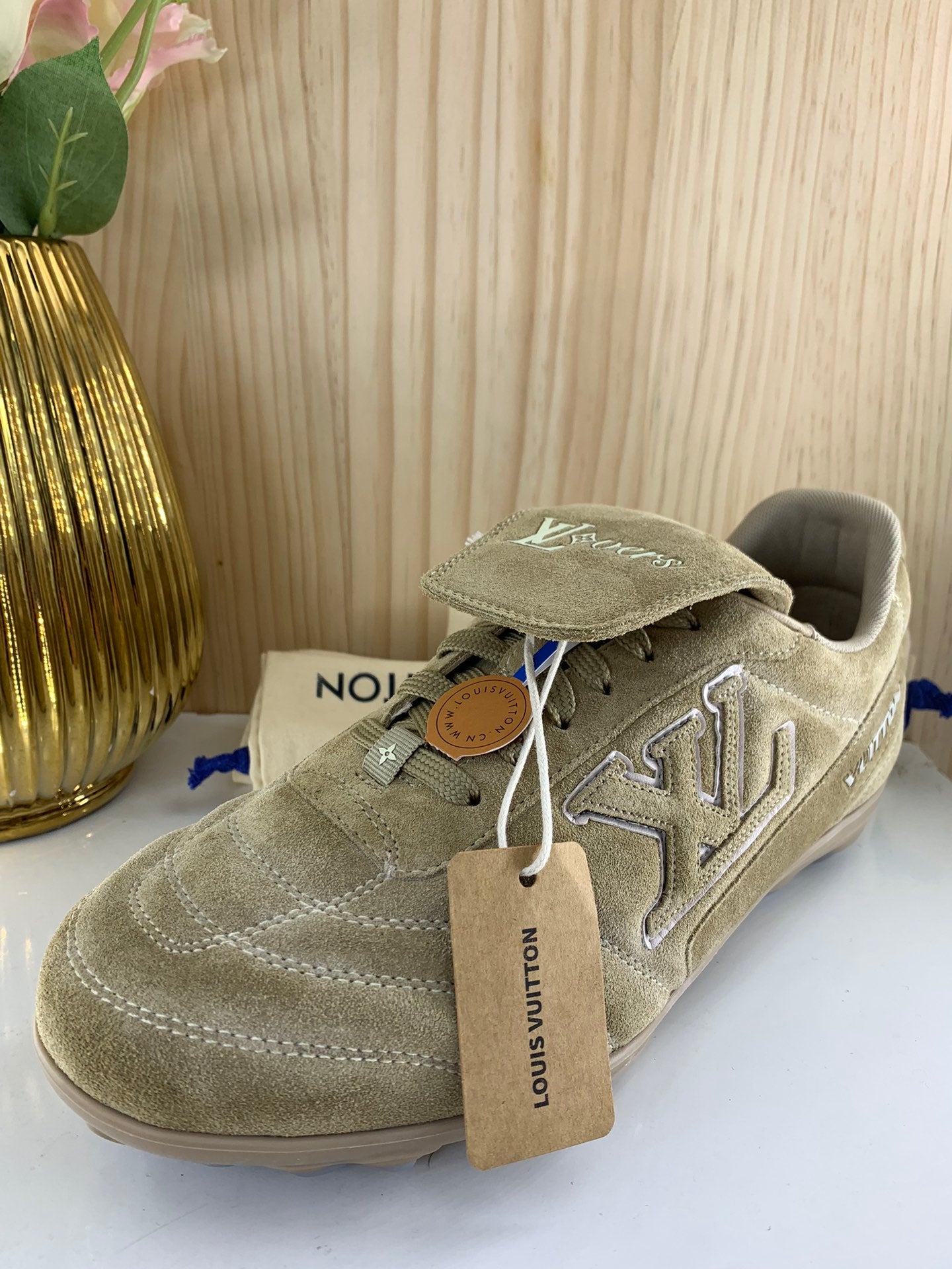 LV Footprint Soccer Sneaker, Green Suede