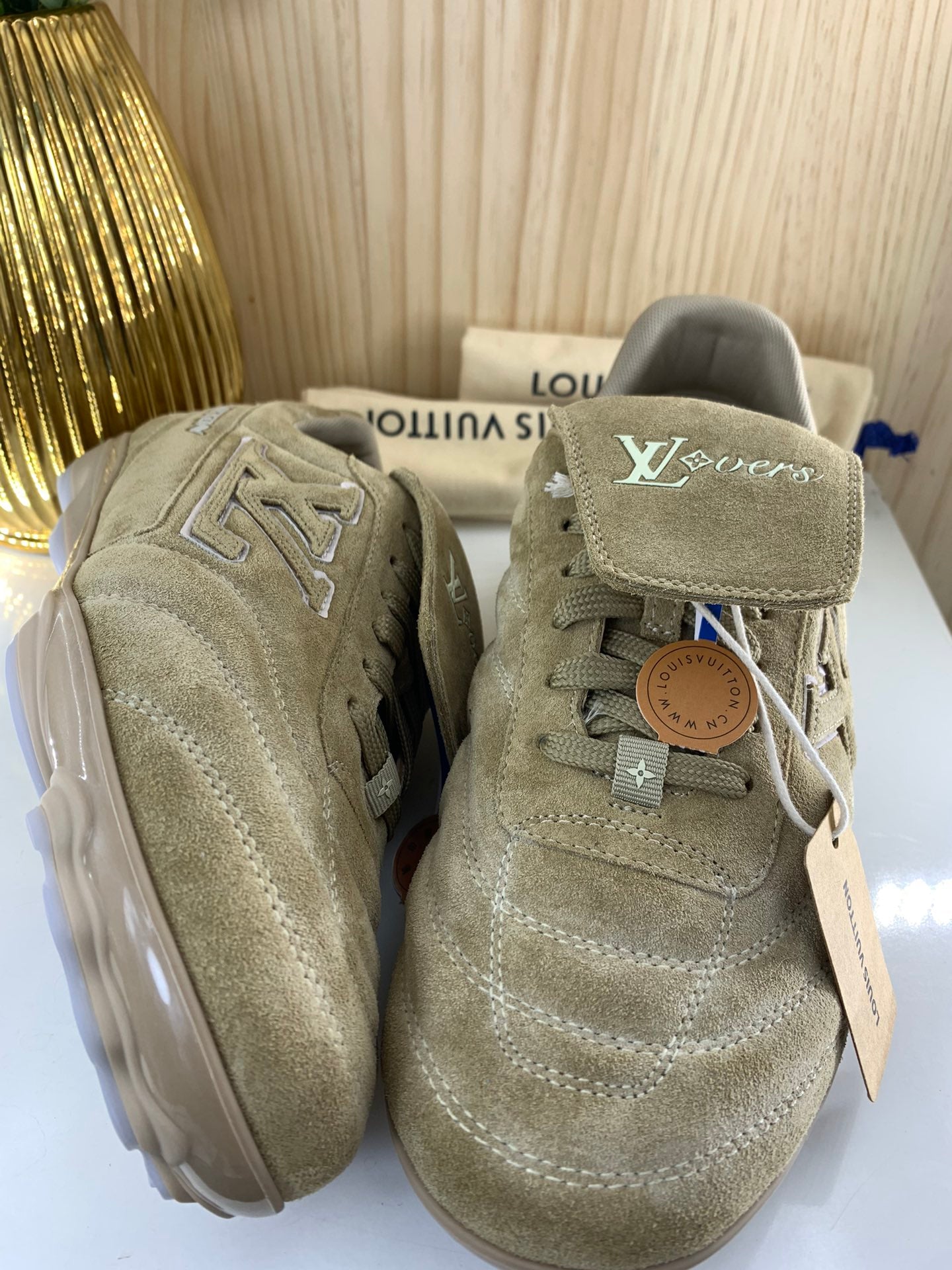 LV Footprint Soccer Sneaker, Green Suede
