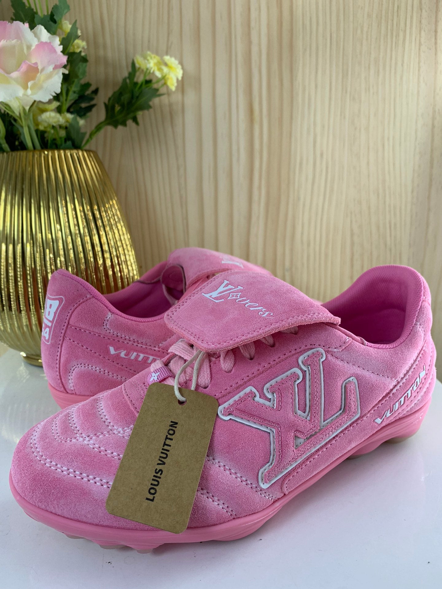 LV Footprint Soccer Sneaker, Pink Suede