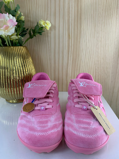 LV Footprint Soccer Sneaker, Pink Suede