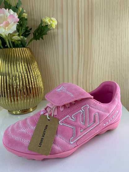 LV Footprint Soccer Sneaker, Pink Suede