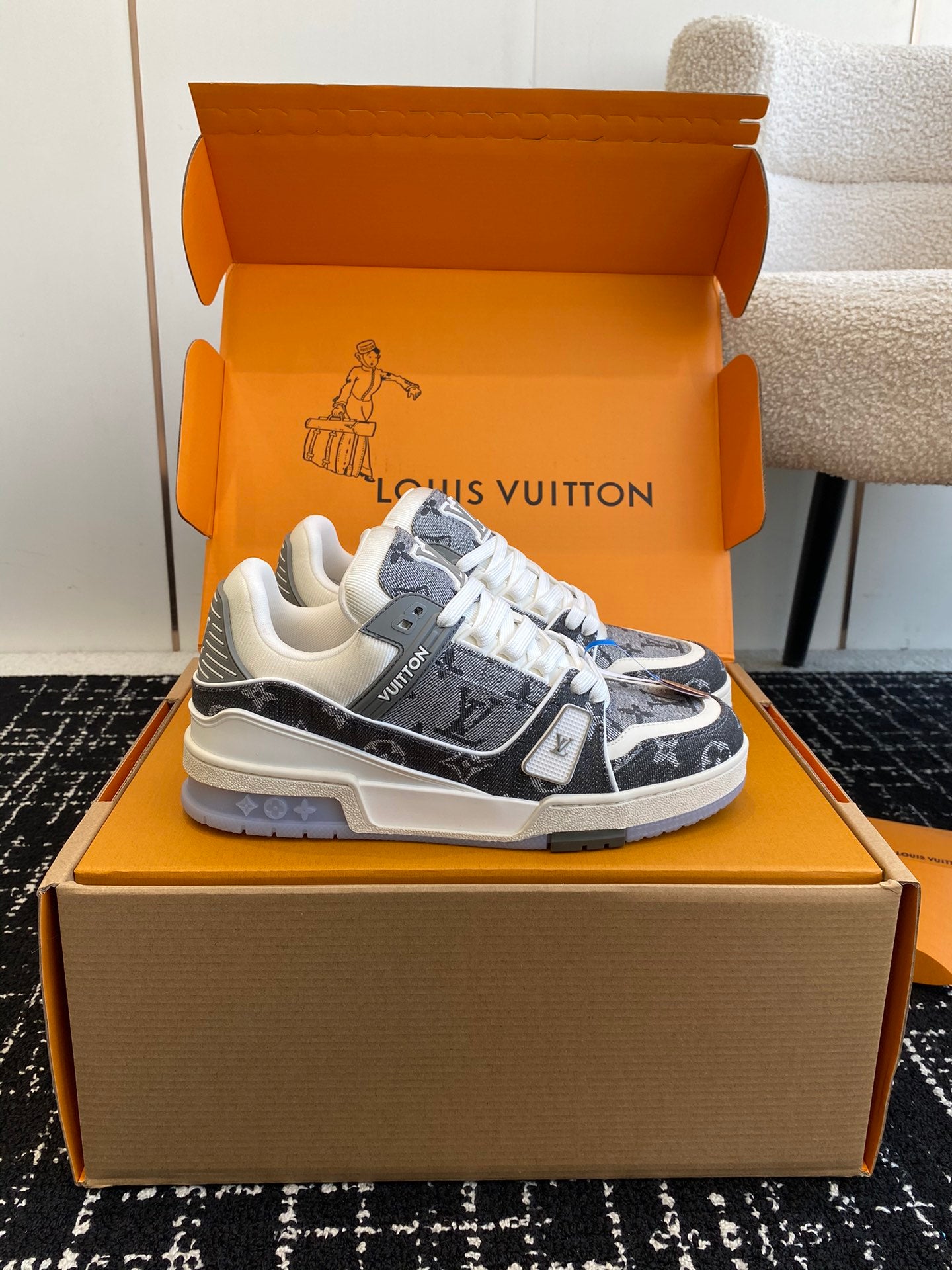 LV Trainer Sneaker, Denim Grey New